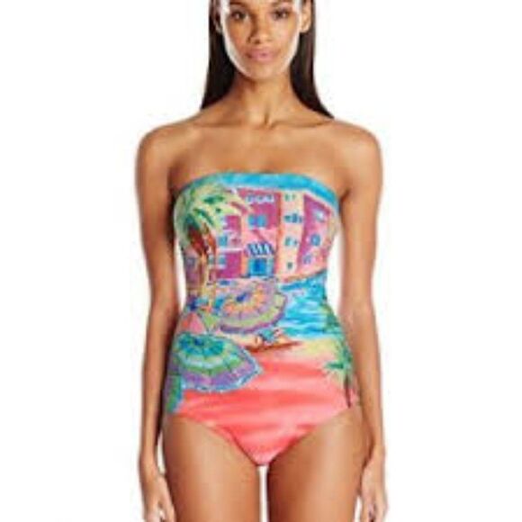 Anne Cole Beach Print 1 Piece Strapless Swimsuit S - Picture 1 of 16